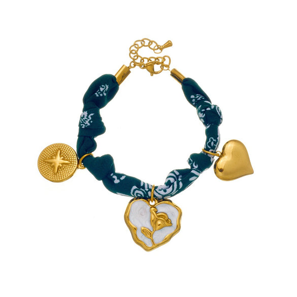 Wholesale Women's French Retro Heartshaped Printed Fabric Rope Chain Goldplated Stainless Steel Compass Pendant Bracelet