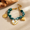 Wholesale Women's French Retro Heartshaped Printed Fabric Rope Chain Goldplated Stainless Steel Compass Pendant Bracelet