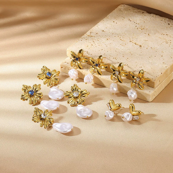 Wholesale Women's French Retro Imitation Pearl And Stainless Steel Geometric Exaggerated Heart And Flower Shape Electroplated Earrings