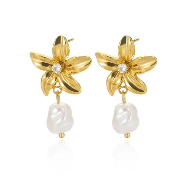 Wholesale Women's French Retro Imitation Pearl And Stainless Steel Geometric Exaggerated Heart And Flower Shape Electroplated Earrings