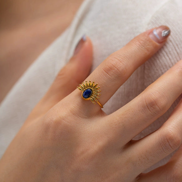 Wholesale Women's French Retro Ins Titanium Steel And Stainless Steel Ring Inlaid With Lapis Lazuli Geometric Style Set With Precious Stones