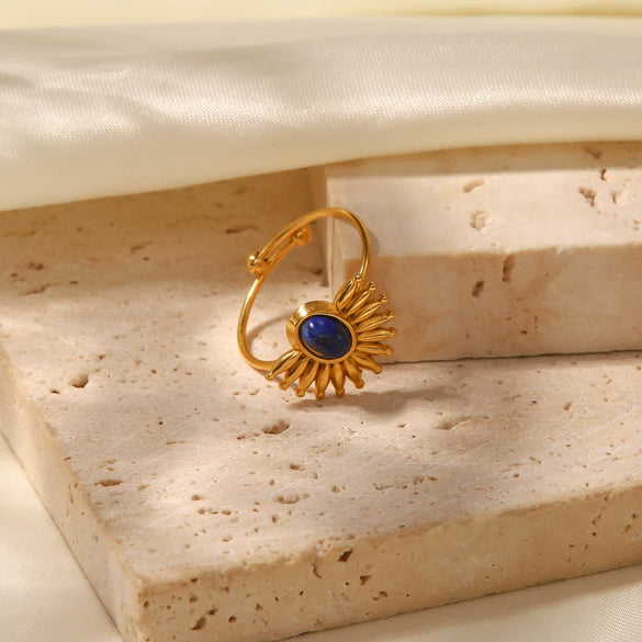 Wholesale Women's French Retro Ins Titanium Steel And Stainless Steel Ring Inlaid With Lapis Lazuli Geometric Style Set With Precious Stones