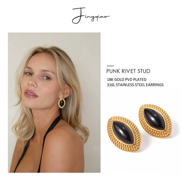 Wholesale Women's French Retro Light Luxury High End Stainless Steel Agate Horse Eye Earrings With Geometric Design And Electroplating