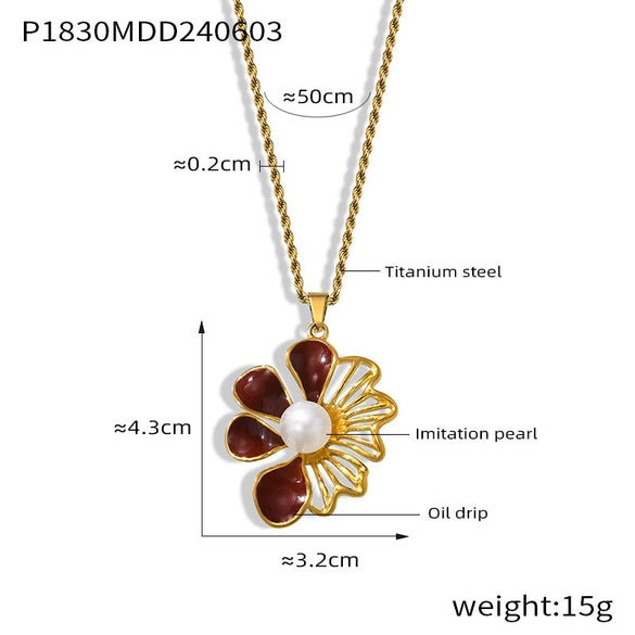 Wholesale Women's French Retro Light Luxury Oil Drop Hollow Flower Pendant Necklace Made Of Titanium Steel With Electroplating Design And Twist Chain
