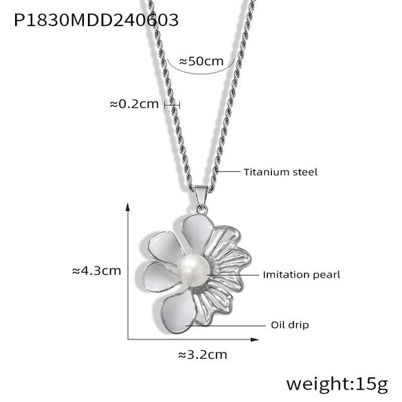 Wholesale Women's French Retro Light Luxury Oil Drop Hollow Shell Bead Flower Pendant Titanium Steel Necklace With Electroplating