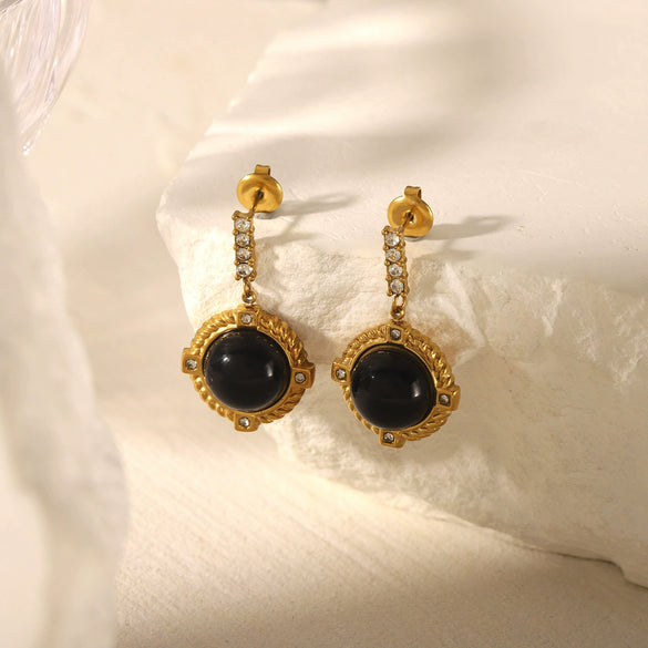 Wholesale Women's French Retro Obsidian Stainless Steel Earrings With Diamond Stud And Geometric Design And Electroplating Treatment
