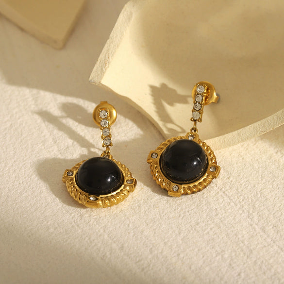 Wholesale Women's French Retro Obsidian Stainless Steel Earrings With Diamond Stud And Geometric Design And Electroplating Treatment