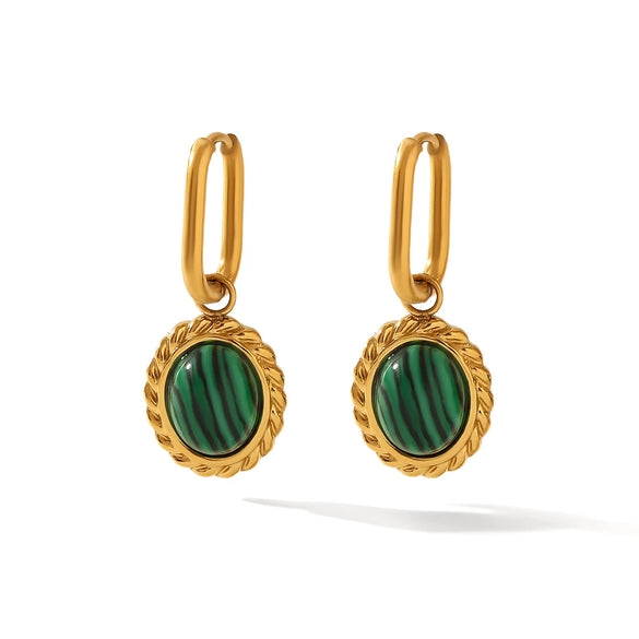Wholesale Women's French Retro Oval Stainless Steel Inlaid Malachite Geometric Electroplated Pendant Earrings