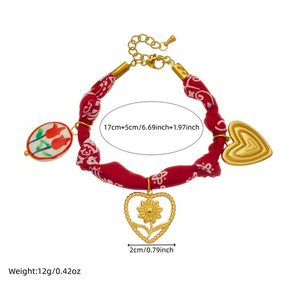 Wholesale Women's French Retro Printed Rope Chain Goldplated Cut Out Stainless Steel Heartshaped Flower Ceramic Pendant Bracelet