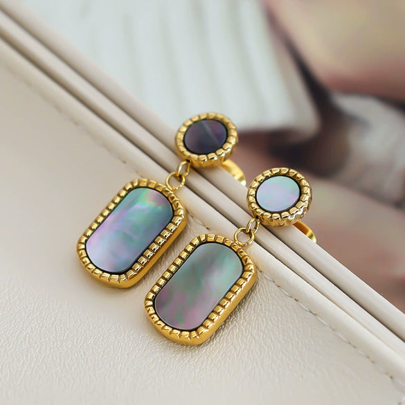 Wholesale Women's French Retro Vintage Geometric Stainless Steel Inlaid Shell Earrings