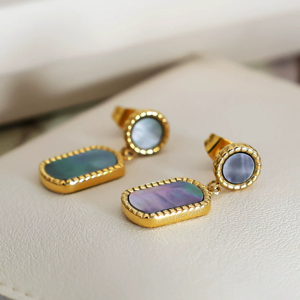Wholesale Women's French Retro Vintage Geometric Stainless Steel Inlaid Shell Earrings