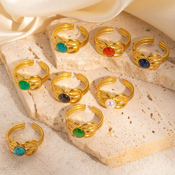 Wholesale Women's French Vintage Bow Geometric U Shape Titanium Steel Ring Electroplated 18K Gold With Natural Stone