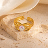 Wholesale Women's French Vintage Bow Geometric U Shape Titanium Steel Ring Electroplated 18K Gold With Natural Stone