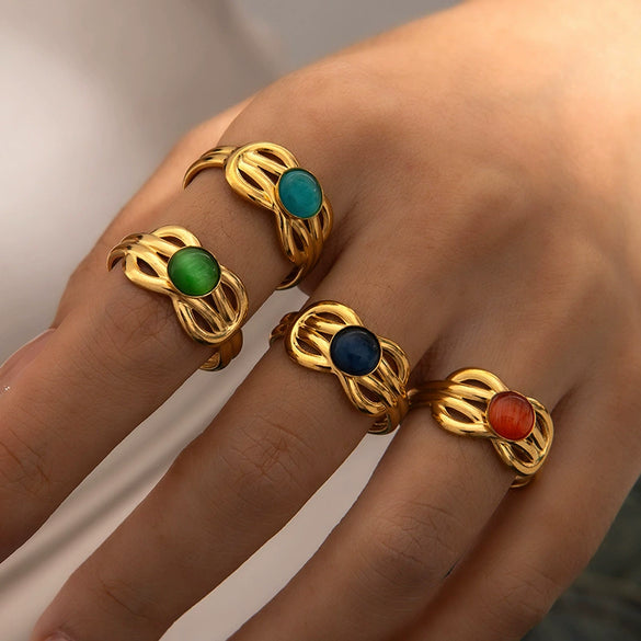 Wholesale Women's French Vintage Bow Geometric U Shape Titanium Steel Ring Electroplated 18K Gold With Natural Stone