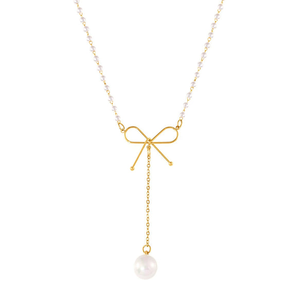 Wholesale Women's Fresh Fairy Style Choker With Bow And Imitation Pearl Stainless Steel Clavicle Chain Geometric Pattern Electroplating Treatment