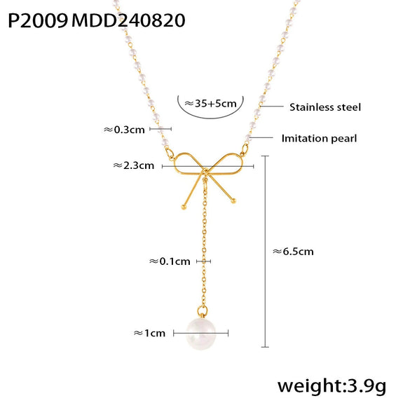 Wholesale Women's Fresh Fairy Style Choker With Bow And Imitation Pearl Stainless Steel Clavicle Chain Geometric Pattern Electroplating Treatment