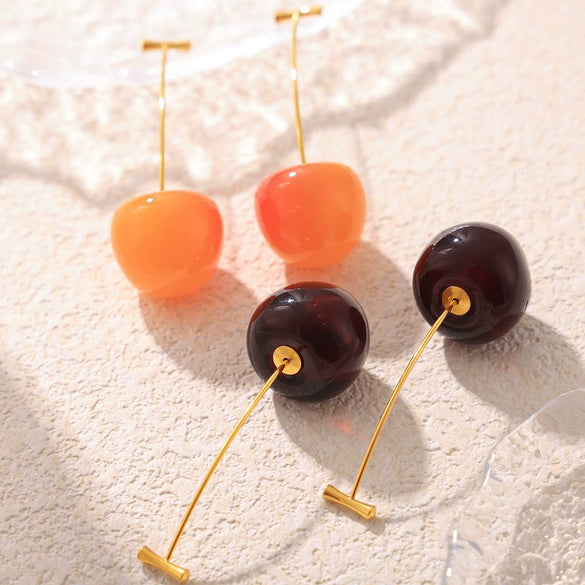 Wholesale Women's Fresh Fruit Cherry Stainless Steel Electroplated Long Earrings