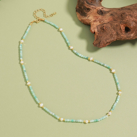 Wholesale Women's Fresh Water Pearl And Tianhe Stone Beaded Clavicle Necklace Copper Handmade Geometric Design