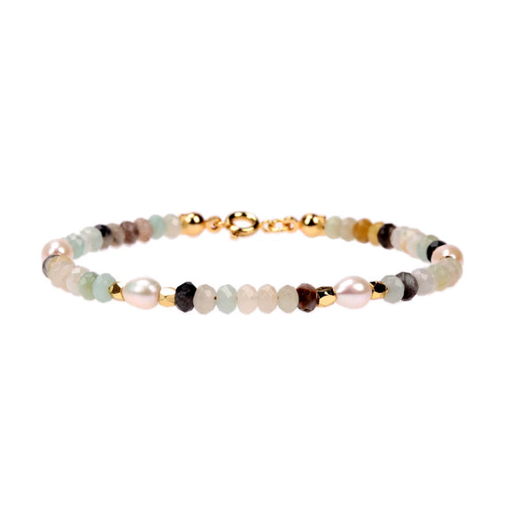 Wholesale Women's Freshwater Pearl And Semi Precious Stone Beaded Gold Plated Copper Bracelet With Geometric Design