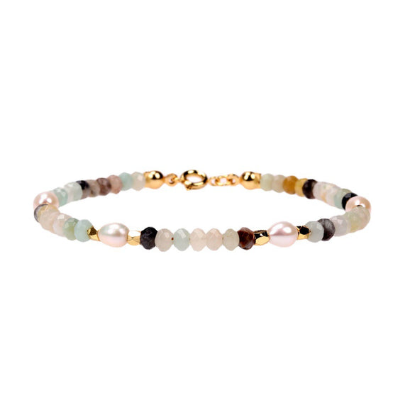 Wholesale Women's Freshwater Pearl And Semi Precious Stone Beaded Gold Plated Copper Bracelet With Geometric Design