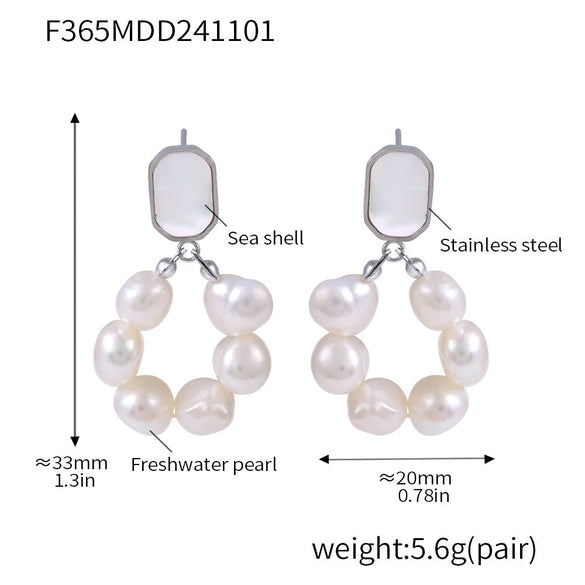 Wholesale Women's Freshwater Pearl And Shell Earrings In Sweet Style With Geometric Design And 316L Stainless Steel Electroplating