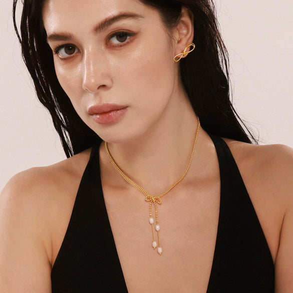 Wholesale Women's Freshwater Pearl Enigma Bow Tassel Earrings And Necklace Set 316L Stainless Steel 18K Gold Plated Sweet Style