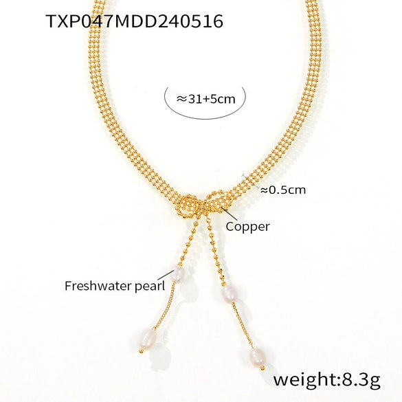 Wholesale Women's Freshwater Pearl Enigma Bow Tassel Earrings And Necklace Set 316L Stainless Steel 18K Gold Plated Sweet Style