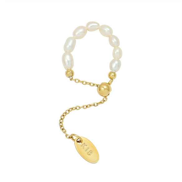 Wholesale Women's Freshwater Pearl Geometric Pull Buckle Finger Chain And Ring Made Of Titanium Steel With Electroplating
