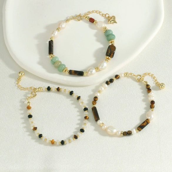 Wholesale Women's Freshwater Pearl Handmade Geometric Bracelet With Yellow Tiger Clear Onyx Stacked Wearing High Grade Light Luxury And Ins Niche Design