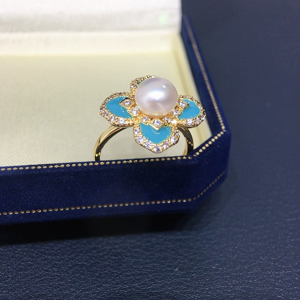 Wholesale Women's Freshwater Pearl Ring Copper Fourpetal Flower Vintage Style