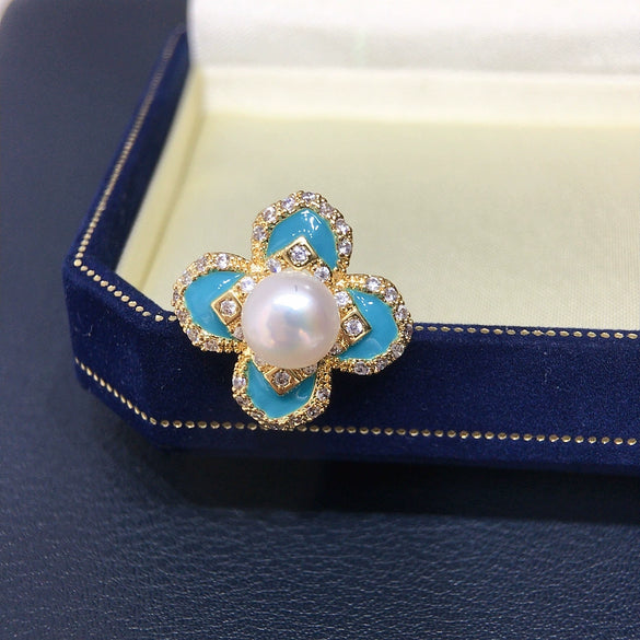 Wholesale Women's Freshwater Pearl Ring Copper Fourpetal Flower Vintage Style