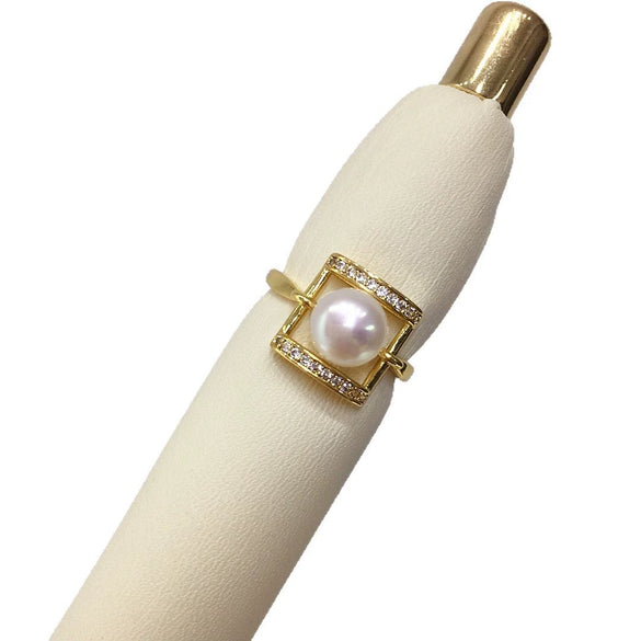 Wholesale Women's Freshwater Pearl Ring Copper Geometric Square Style