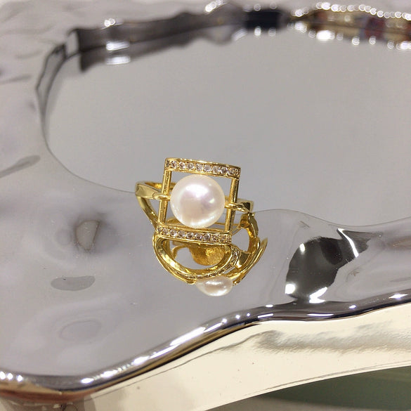 Wholesale Women's Freshwater Pearl Ring Copper Geometric Square Style