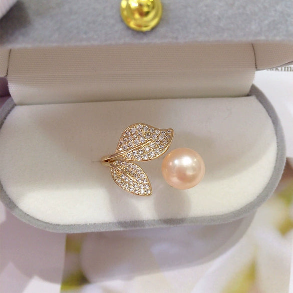 Wholesale Women's Freshwater Pearl Ring With Copper Accessories And Micro Set Zircon Leaf Design