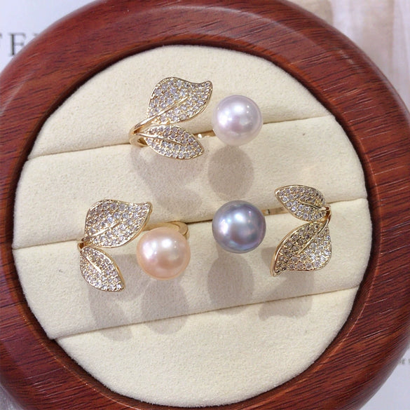 Wholesale Women's Freshwater Pearl Ring With Copper Accessories And Micro Set Zircon Leaf Design