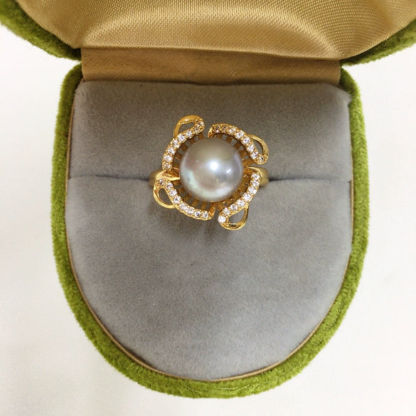 Wholesale Women's Freshwater Pearl Ring With Copper Micropaved Zircon Highgloss Natural Round Shape