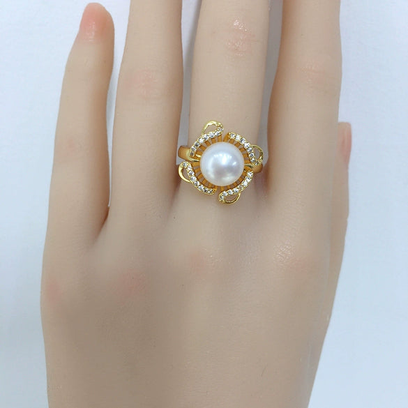 Wholesale Women's Freshwater Pearl Ring With Copper Micropaved Zircon Highgloss Natural Round Shape