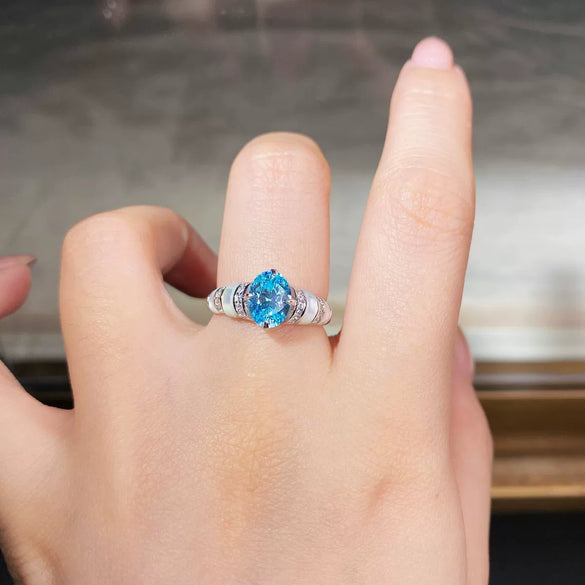 Wholesale Women's Fritillary Ring 925 Sterling Silver Geometric Fashion Electroplated Aqua Sapphire Blue Series