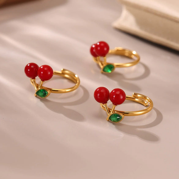 Wholesale Women's Fruit Geometric Rhinestone Resin 316L Stainless Steel Open Ring Jewelry With 18K Gold Electroplating