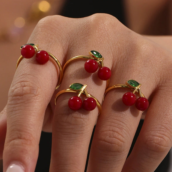 Wholesale Women's Fruit Geometric Rhinestone Resin 316L Stainless Steel Open Ring Jewelry With 18K Gold Electroplating