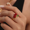 Wholesale Women's Fruit Geometric Rhinestone Resin 316L Stainless Steel Open Ring Jewelry With 18K Gold Electroplating