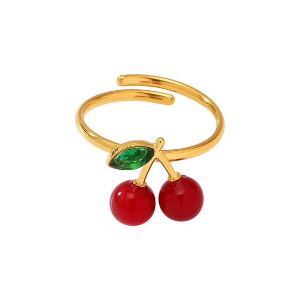 Wholesale Women's Fruit Geometric Rhinestone Resin 316L Stainless Steel Open Ring Jewelry With 18K Gold Electroplating