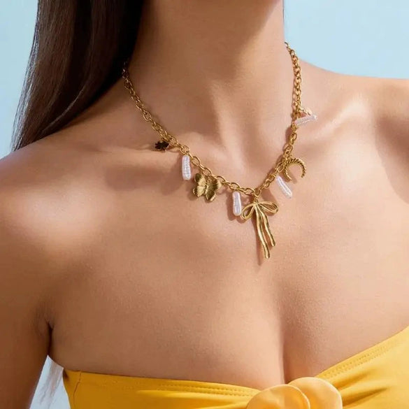 Wholesale Women's Fruit Pattern Stainless Steel Cuban Chain Necklace With Pvd Furnace Vacuum Real Gold Plating