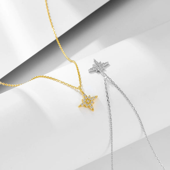Wholesale Women's Full Diamond Eight Awn Star 925 Silver Necklace With Cross Chain Pendant