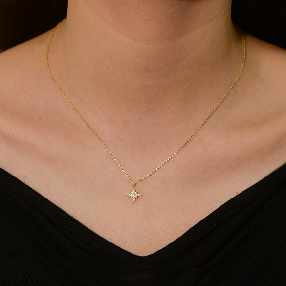 Wholesale Women's Full Diamond Eight Awn Star 925 Silver Necklace With Cross Chain Pendant