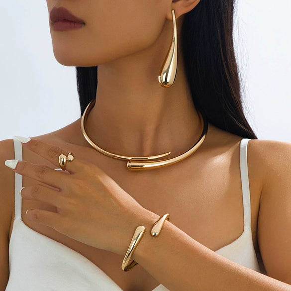 Wholesale Women's Geometric Alloy Electroplated Accessories Set Including Water Drop Earrings Choker Bracelet And Punk Simple Necklace