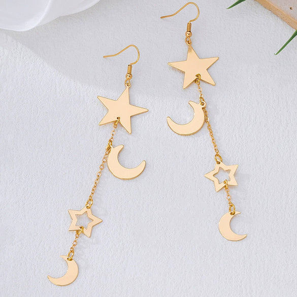 Wholesale Women's Geometric Alloy Electroplated Stainless Steel Midlength Star And Moon Earrings With Tassel Ear Threaders