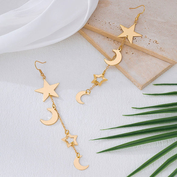 Wholesale Women's Geometric Alloy Electroplated Stainless Steel Midlength Star And Moon Earrings With Tassel Ear Threaders