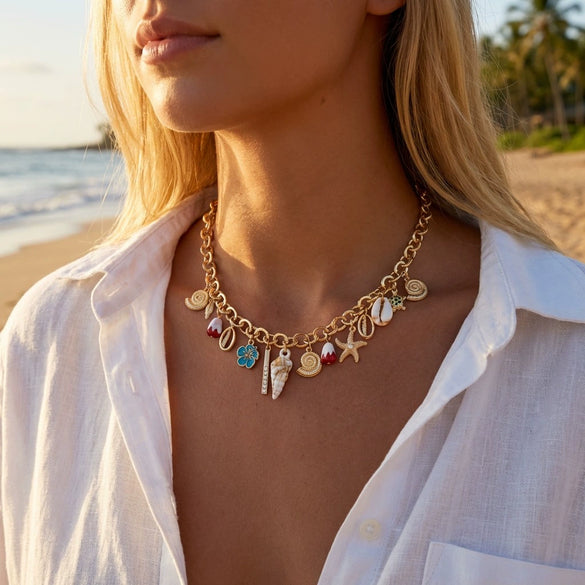 Wholesale Women's Geometric Alloy Starfish Conch Flower Pendant Necklace With Electroplating