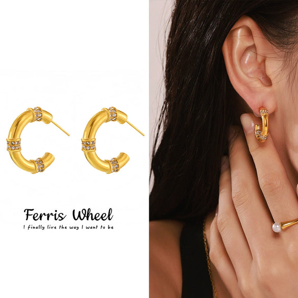 Wholesale Women's Geometric And Ushaped Stainless Steel Electroplated Ferris Wheel Cshaped Diamond Earrings